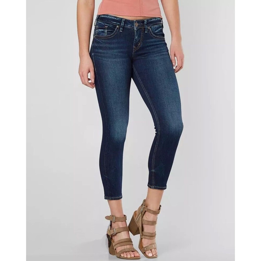 Silver Suki Skinny Crop Jeans Stretch Cropped Denim Dark Wash Low Rise EUC sz 18